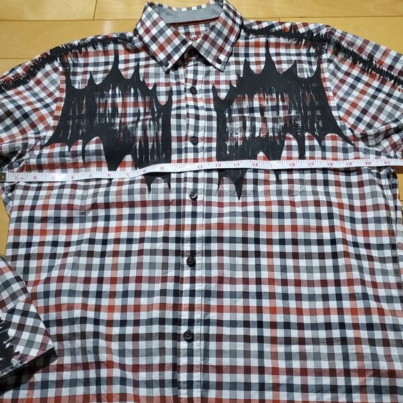 The Scarecrow, a red, orange, black & white cotton  checkered button-down shirt - Picture 10 of 15